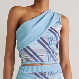 Ahluwalia Bioko One Shoulder Cropped Jacquard Knit Top Wool Blue Size 8